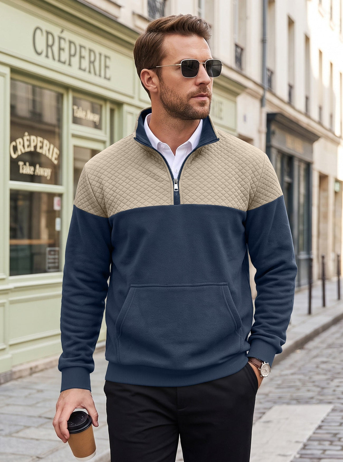 Cross Border American Men's Waffle Casual Stand Collar Zipper Pullover Small Square Long Sleeve Sweater TK Rhombus Jacket