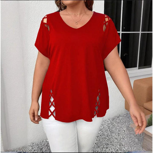 Camiseta de manga corta con cuello en V cruzado para mujer, talla grande
