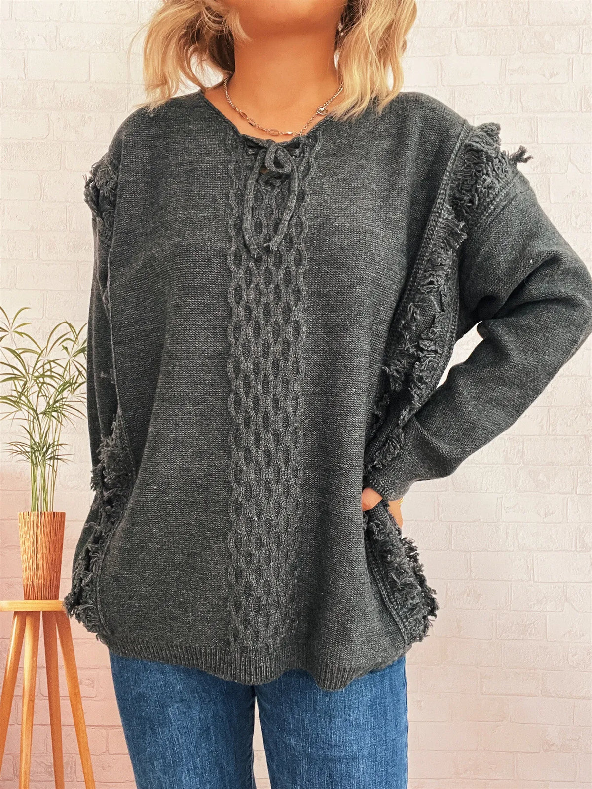 Raw Hem Lace Up Front Sweater