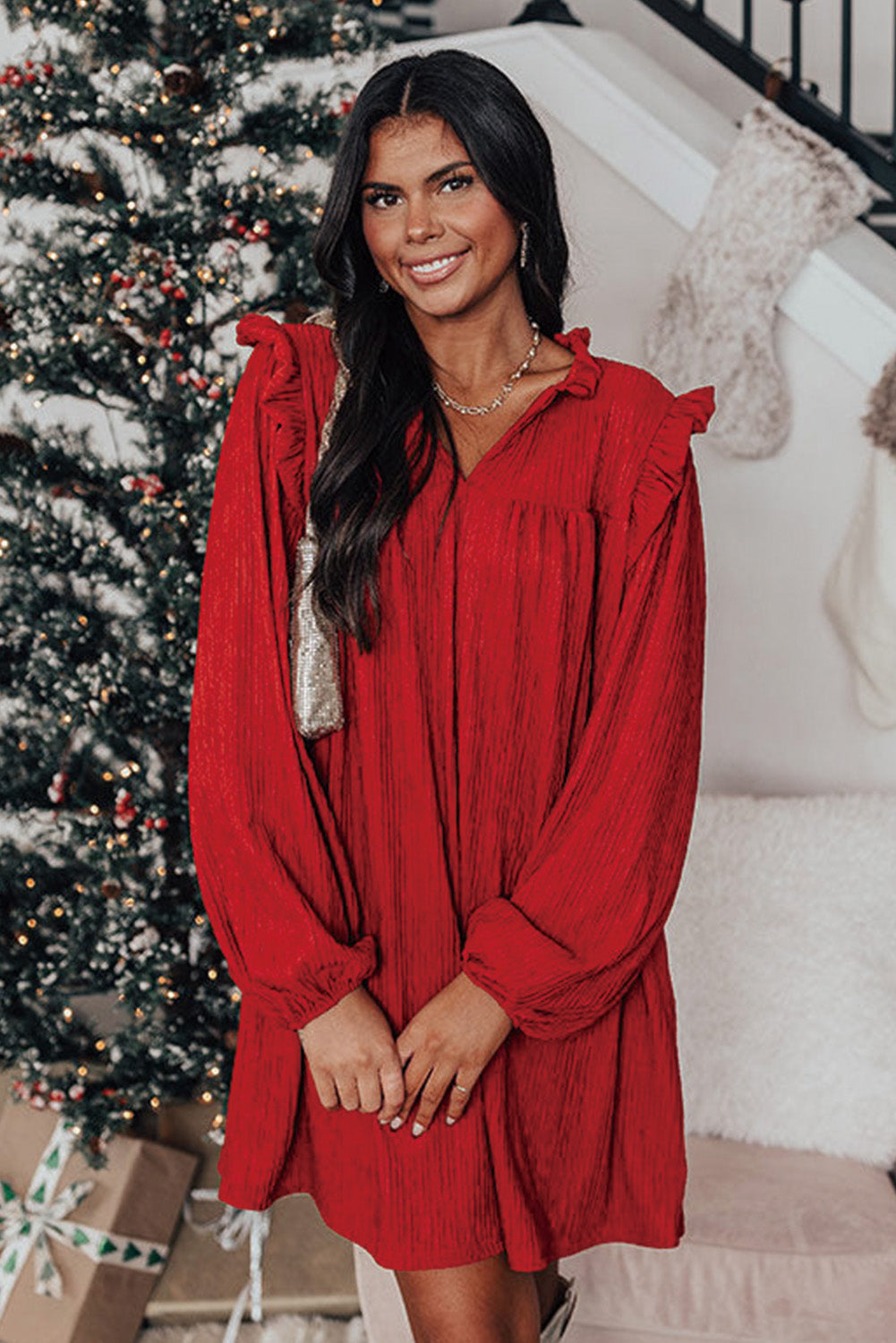 Fiery Red Textured Ruffled Trim V-neck Loose Fit Mini Dress