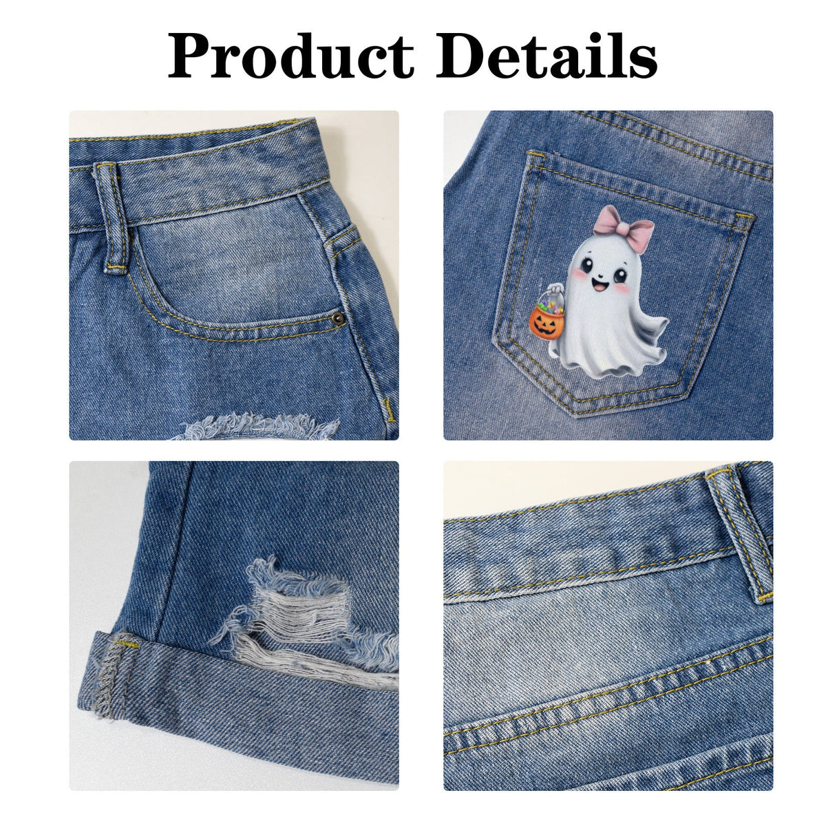 Too Cute to Spook Ghost Light Blue Denim Shorts with Dual Pockets Design