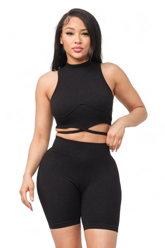 Conjunto de top con lazo trasero y shorts de cintura delantera sin costuras