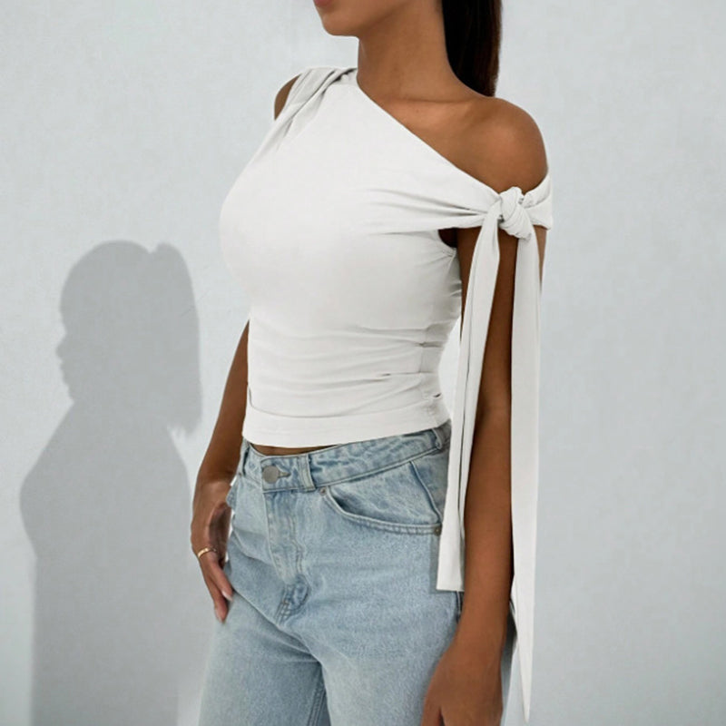 Top asimétrico con lazo en un hombro para mujer – Camisa para salir y fiesta