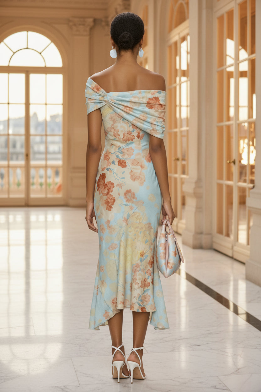 Women's Digital Print One-Shoulder Long Sleeve Floral Maxi Dress – Blue Floral