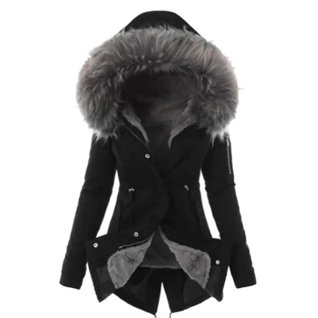 Casual Long Cotton Puffer Coat with Faux Fur Hood