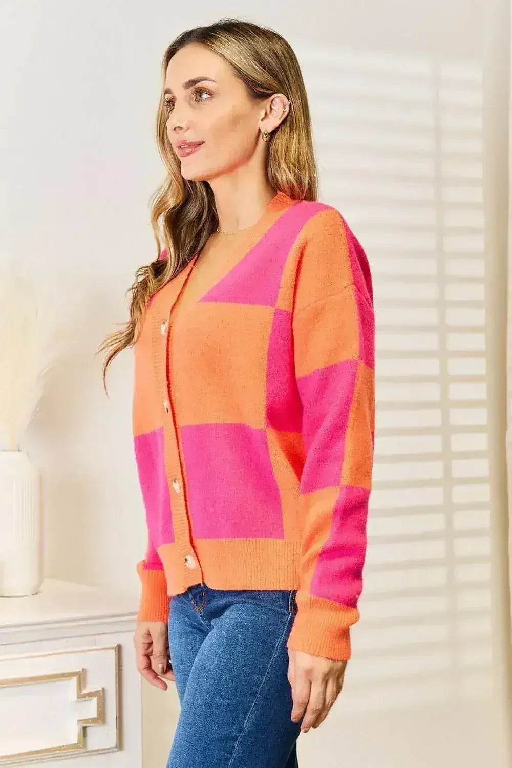 Checkered V-Neck Cardigan - Dropped Shoulder Style | Femstylo
