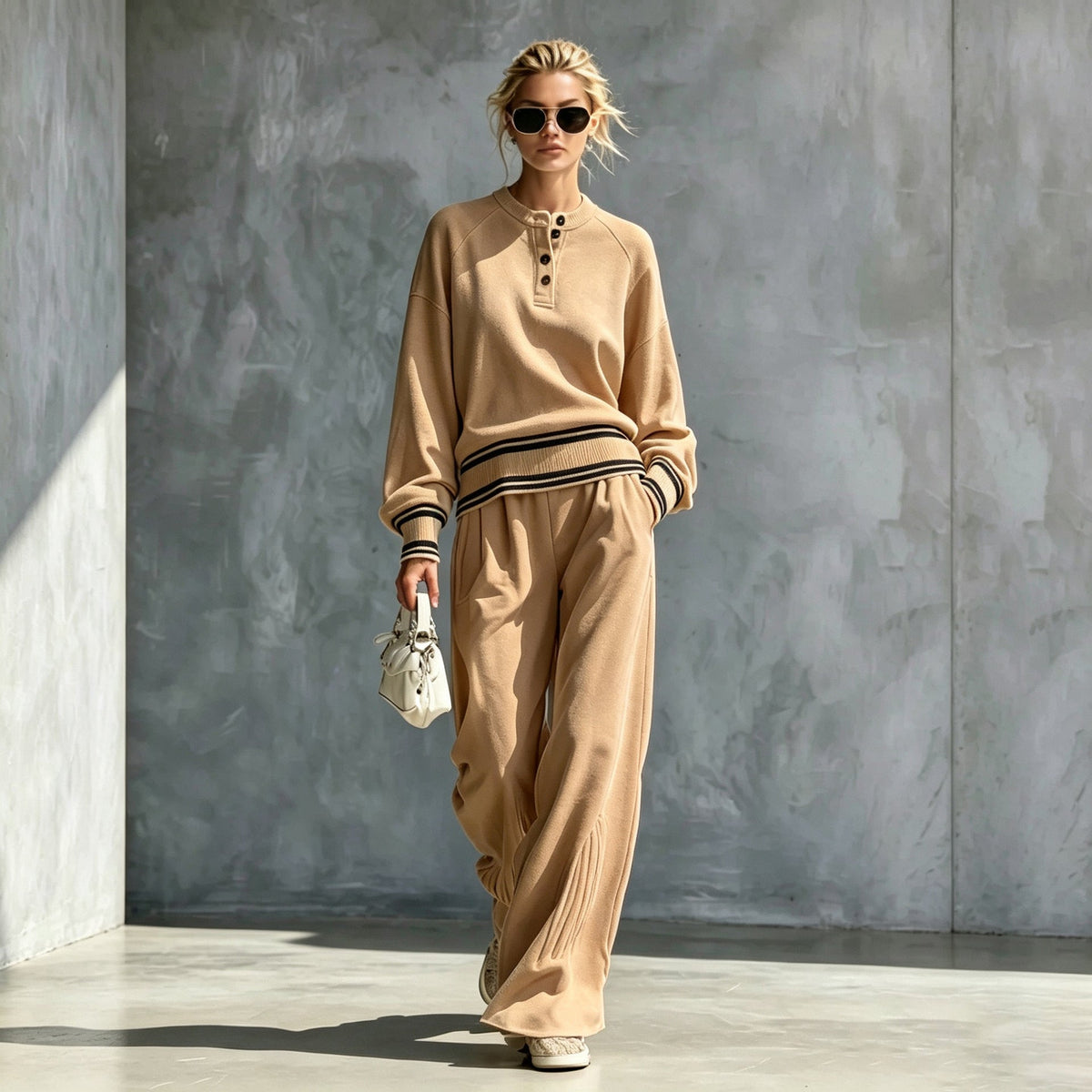 Women's Striped-Trim Henley Top & Wide-Leg Pants Set