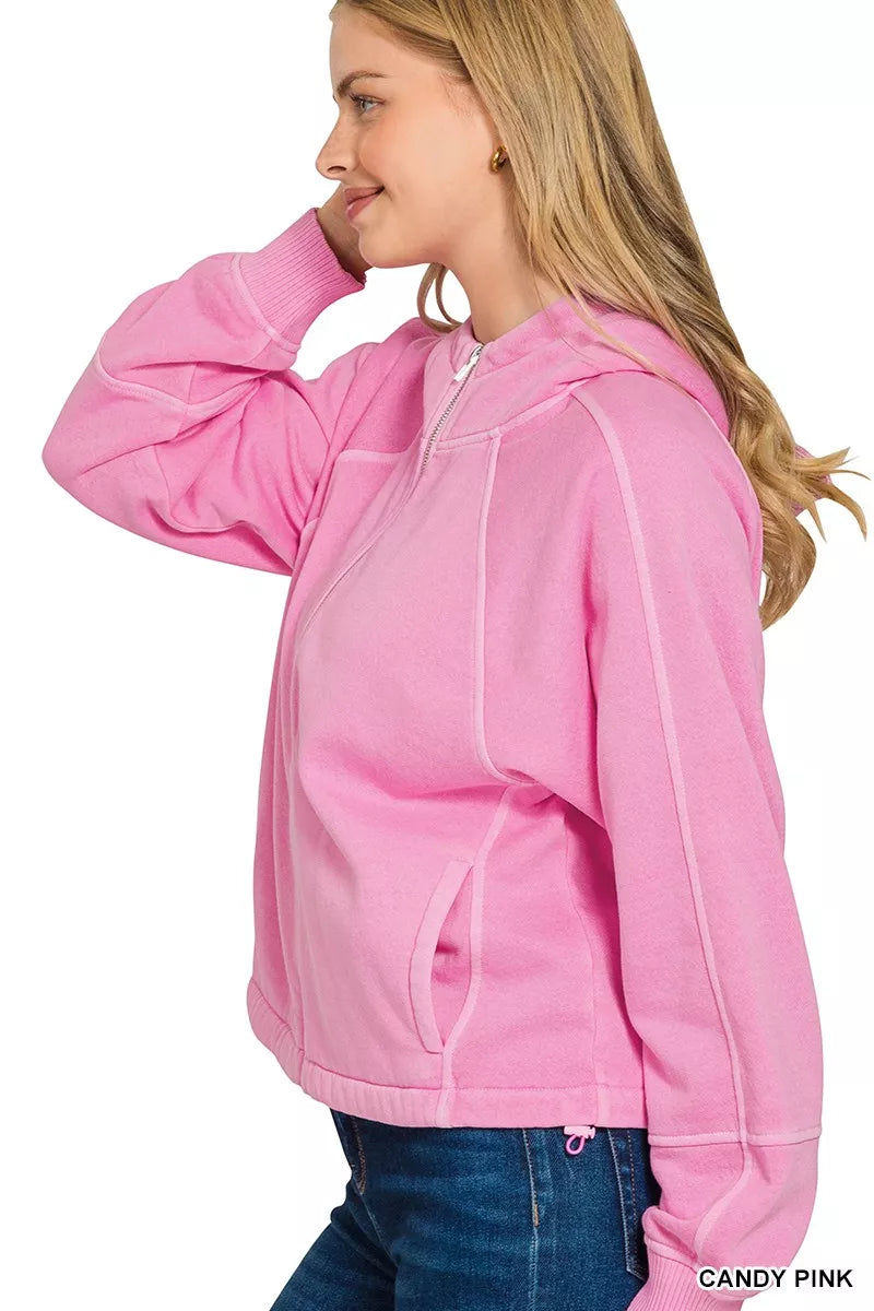 Zenana Fleece Pigment Dye Zip Up Hoodie with Pockets in Candy
