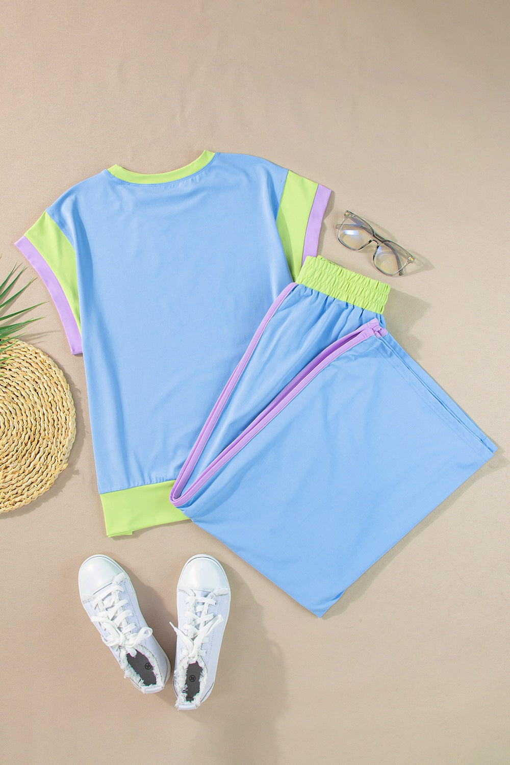 Polyester Two-Piece Set with Contrast Top & Pants