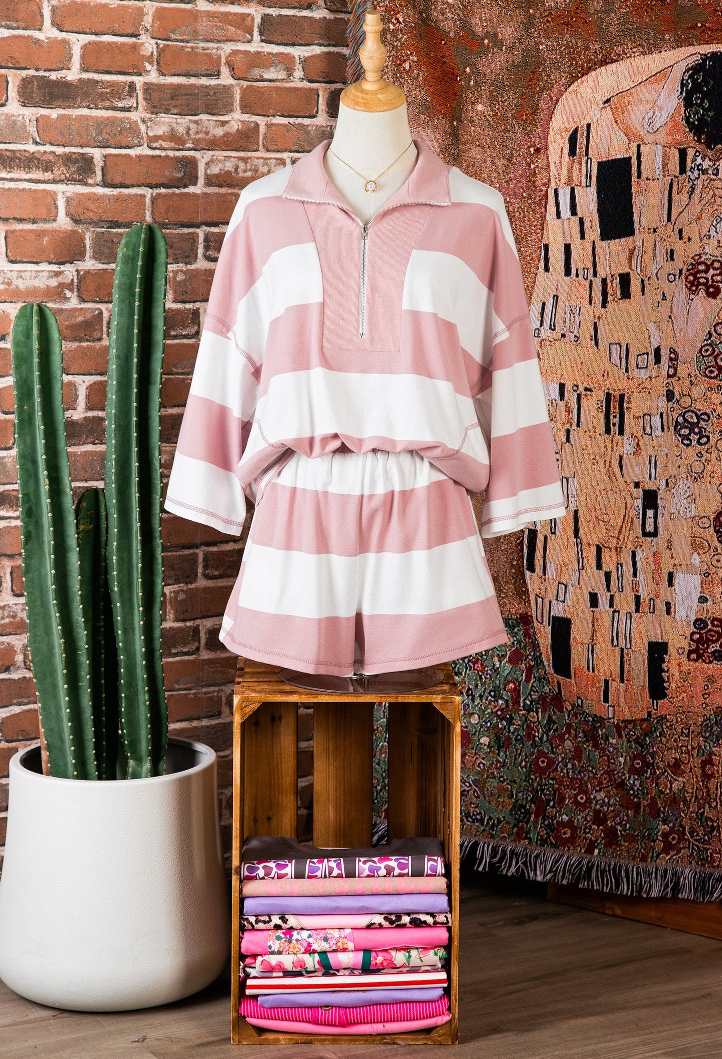 Pink Stripe Half Zip Bracelet Sleeve Top Casual Short Set