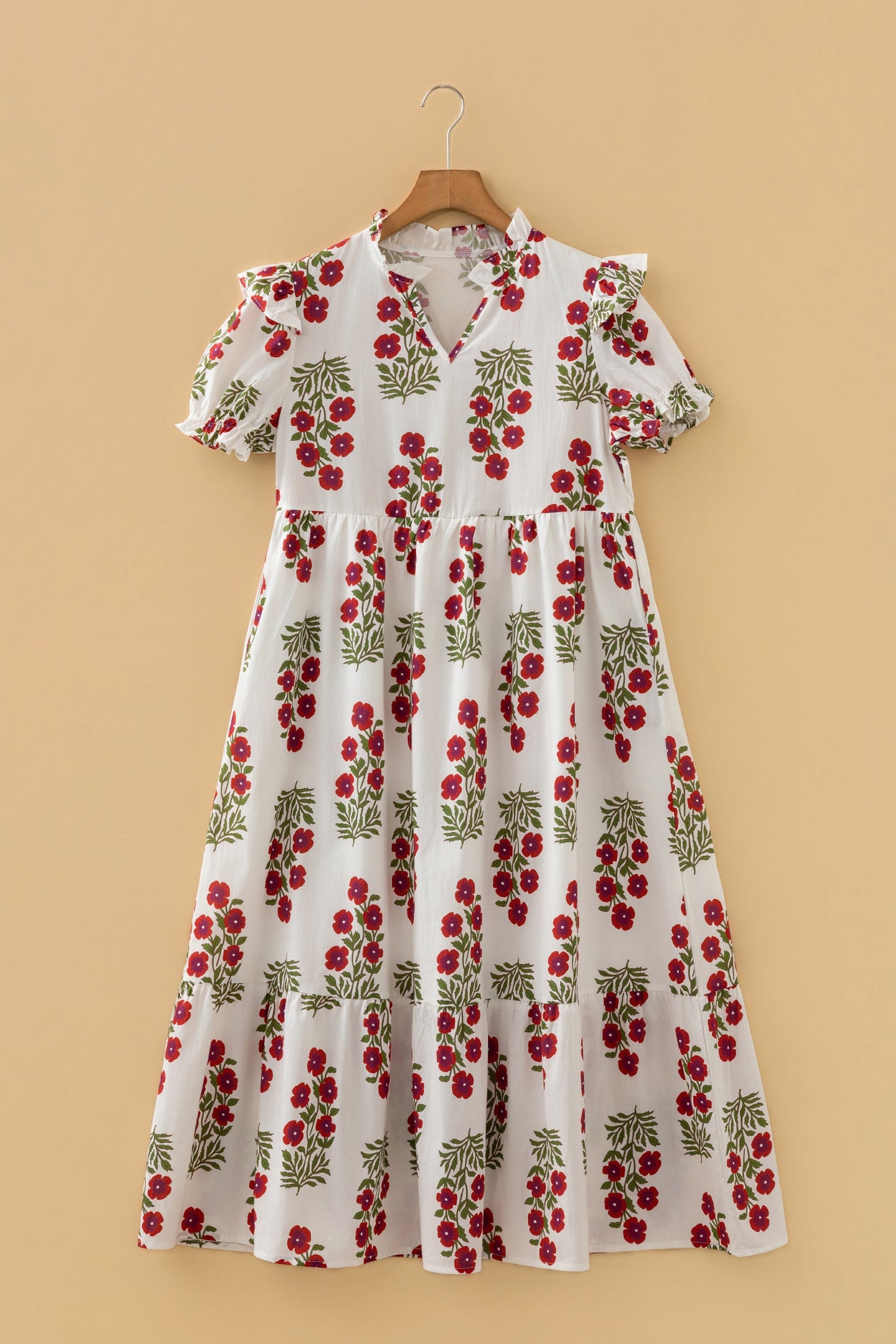 Minivestido suelto con cuello en V, manga 3/4 y estampado floral blanco