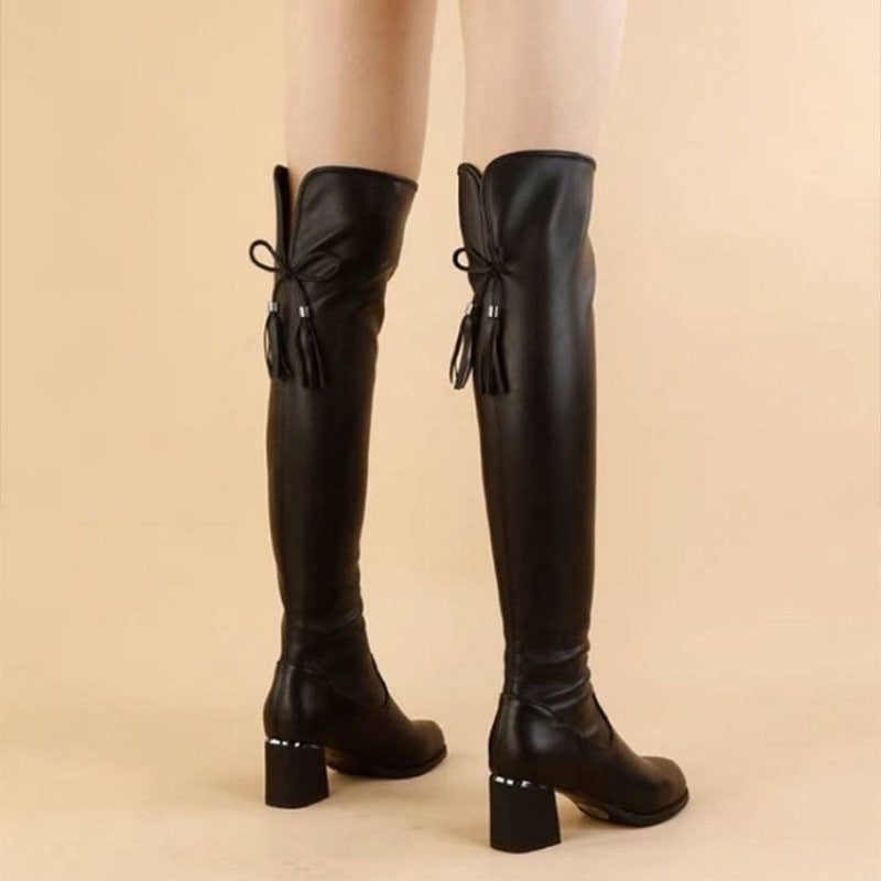 Women's Round-Toe Block Heel Thigh Boots