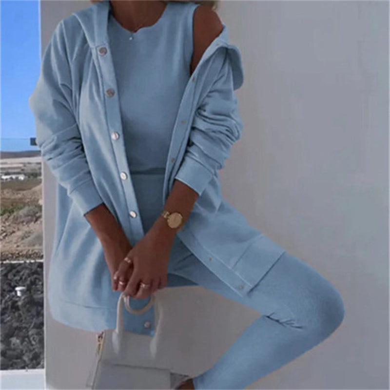 Conjunto de tres piezas de chaleco, pantalón y sudadera con capucha de ocio y deporte de moda femenina. Ver tabla de tallas en "más detalles".