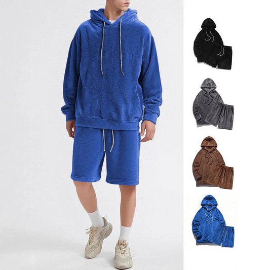 Conjunto de sudadera polar con capucha y pantalón corto para hombre