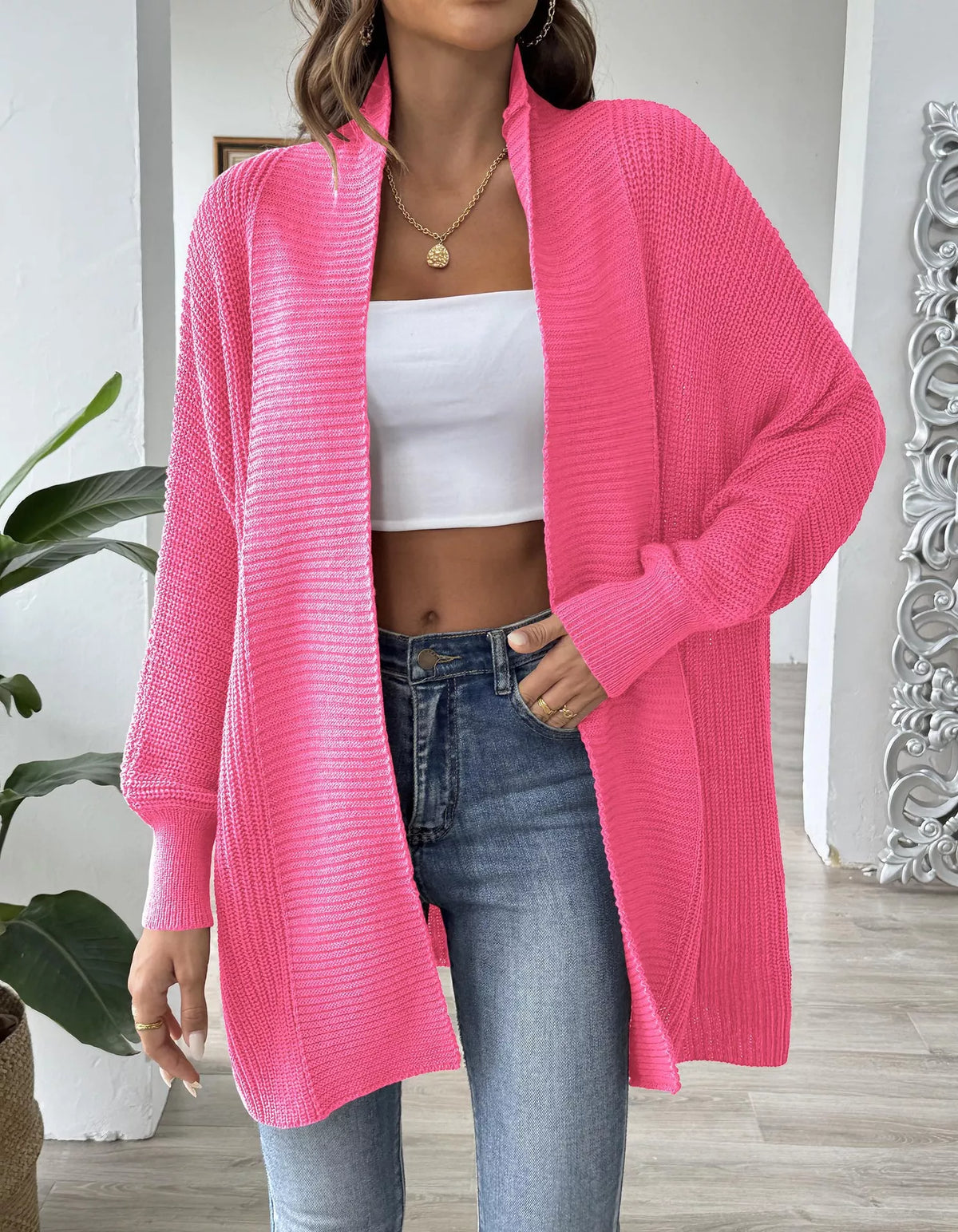 Open Front Ribbed Knit Cardigan