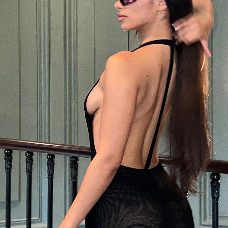Solid V-neck Mesh Splice Bodysuit