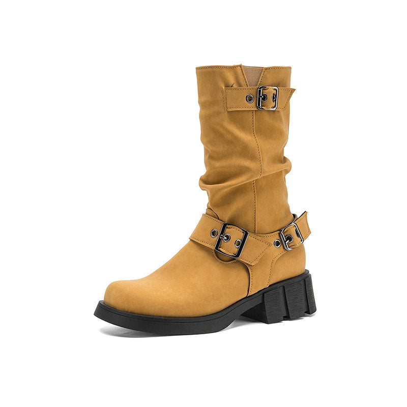 Retro Western Style Cowboy Millennial Inspired Mid Calf Platform Boots