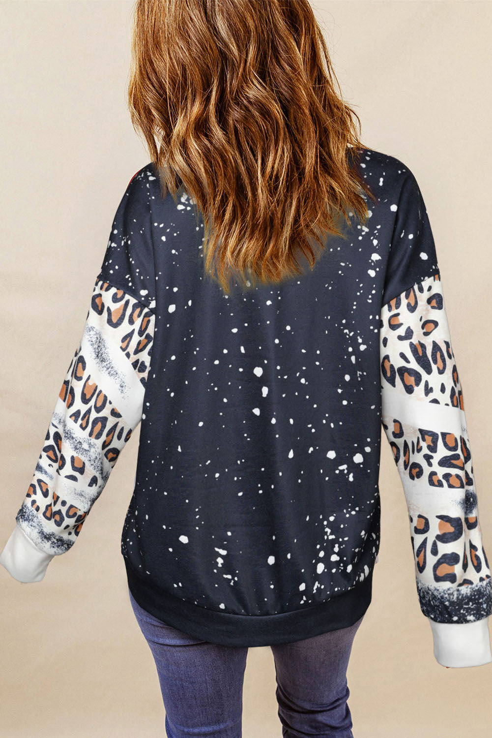 Sudadera con cuello caído, estampado de leopardo y teñido anudado negra