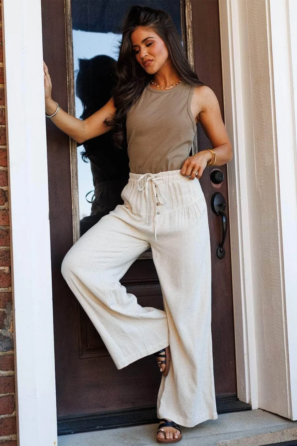 Pantalones anchos Jet Stream con cintura elástica con cordón y detalles plisados con botones