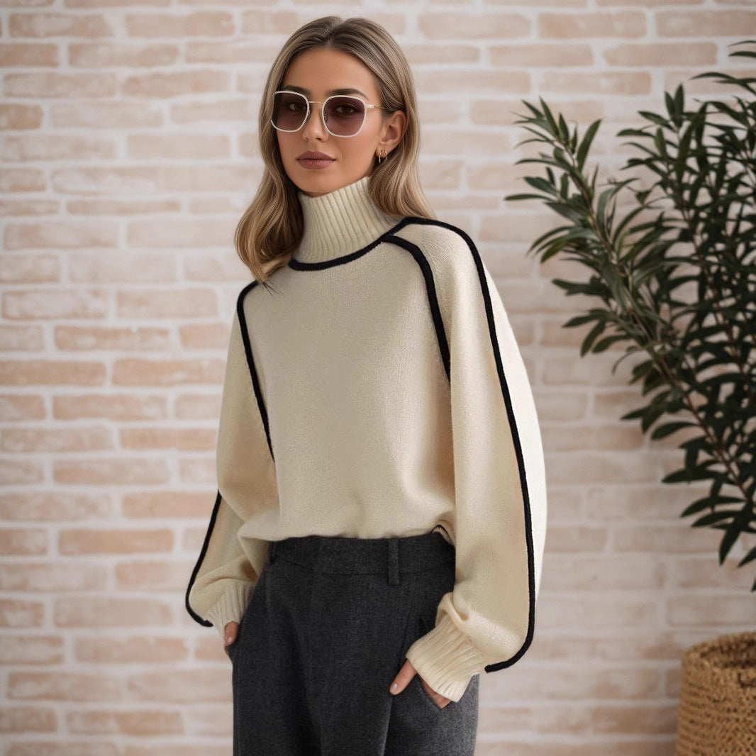 Women's Turtleneck Contrast Trim Sweater, 2026 Fall Winter Loose Long Sleeve Pullover, Casual Lazy Style Knit Top