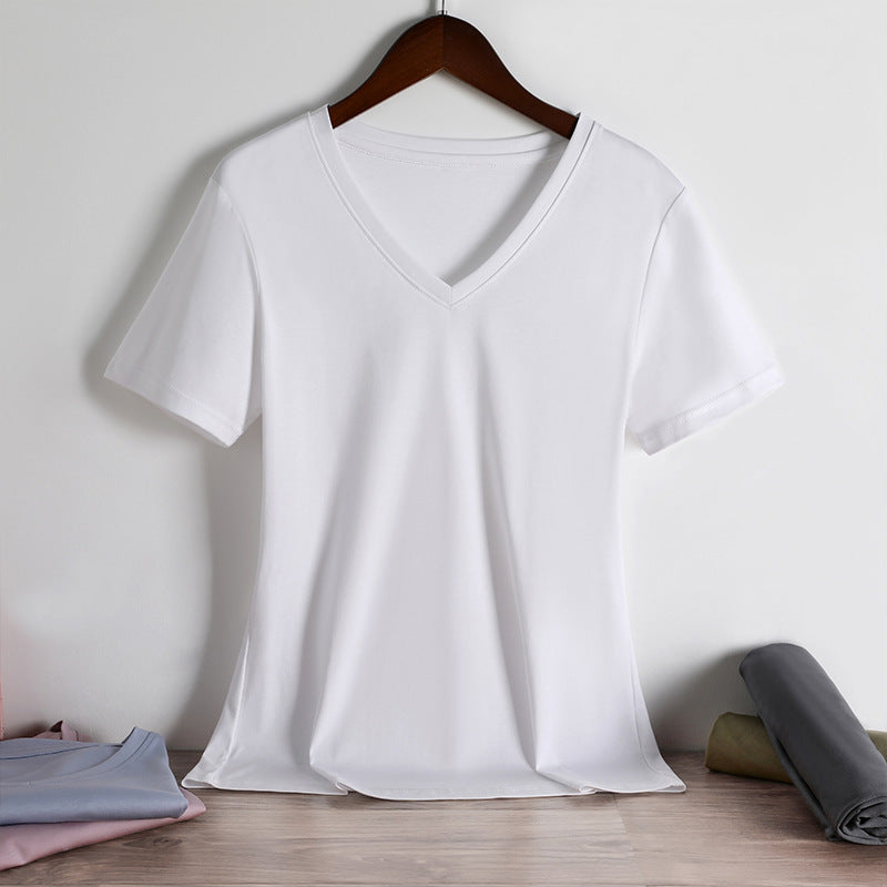 Womens Loose-Fit Round-Neck V-Neck Pure Cotton T-Shirt