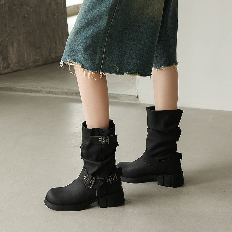 Retro Western Style Cowboy Millennial Inspired Mid Calf Platform Boots