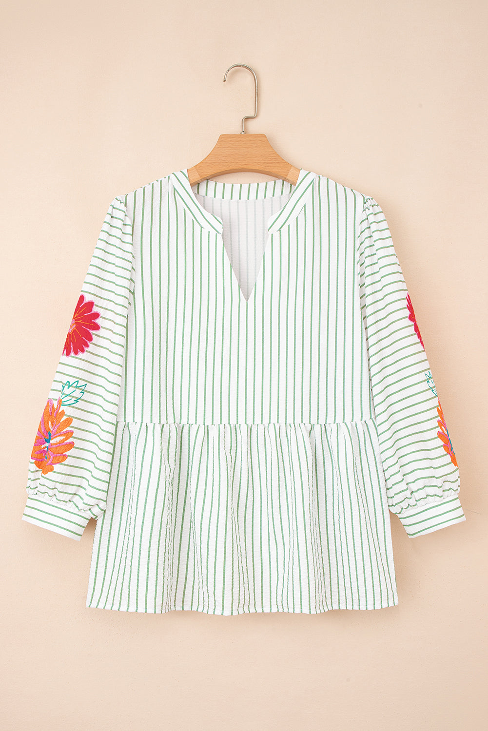 Blusa Babydoll Escote V con Muesca y Manga Abullonada con Rayas Verdes Florales