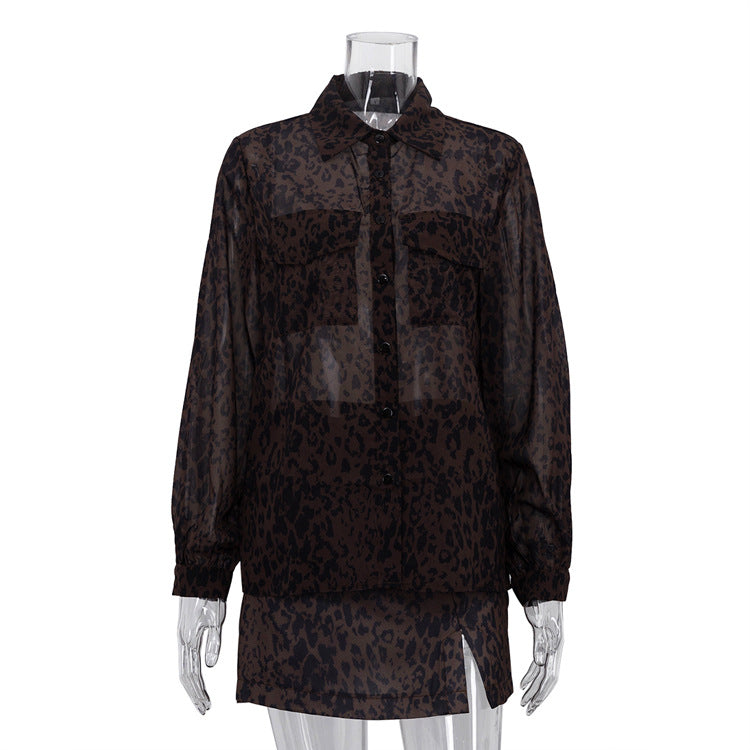 Lapel Long Sleeve Top High Waist Slit Short Skirt Two-piece Leopard Print Skirt Suit See size chart under “more details”
