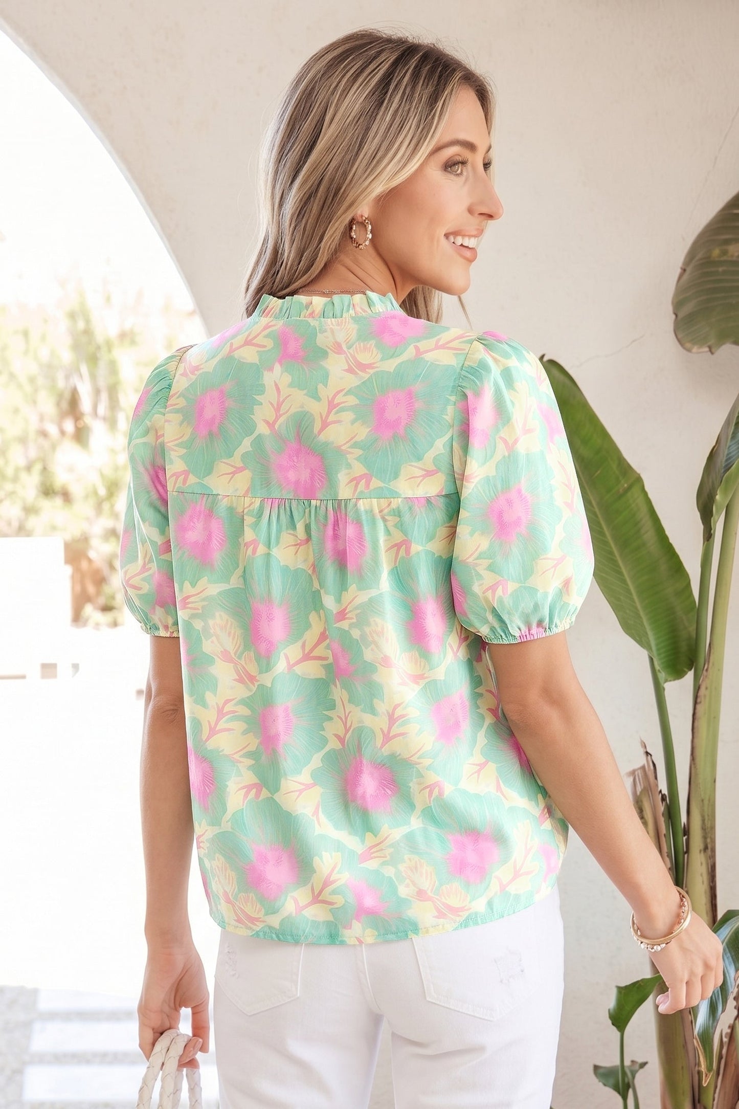 Yellow Short Bubble Sleeve Summer Floral Blouse