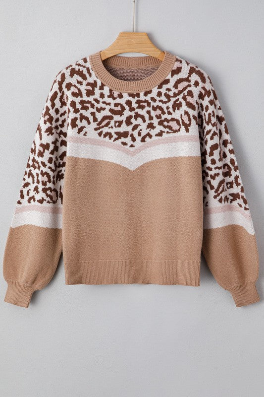 Suéter Colorblock con Estampado de Leopardo y Mangas Abullonadas