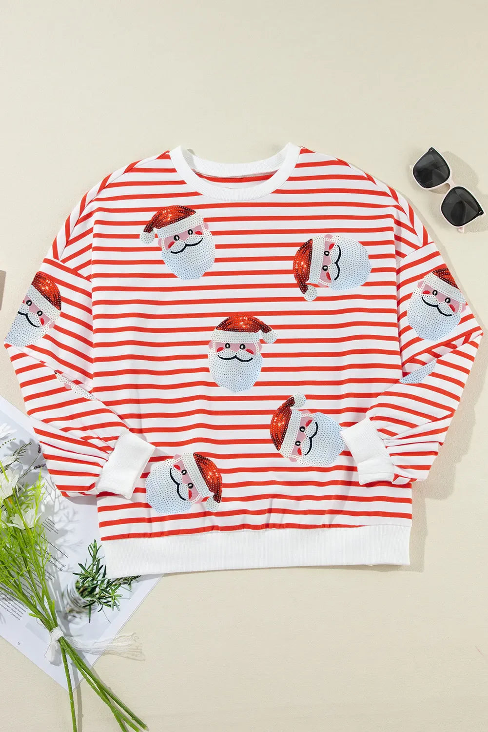 Sudadera de cuello redondo con rayas y Papá Noel de lentejuelas y manga larga