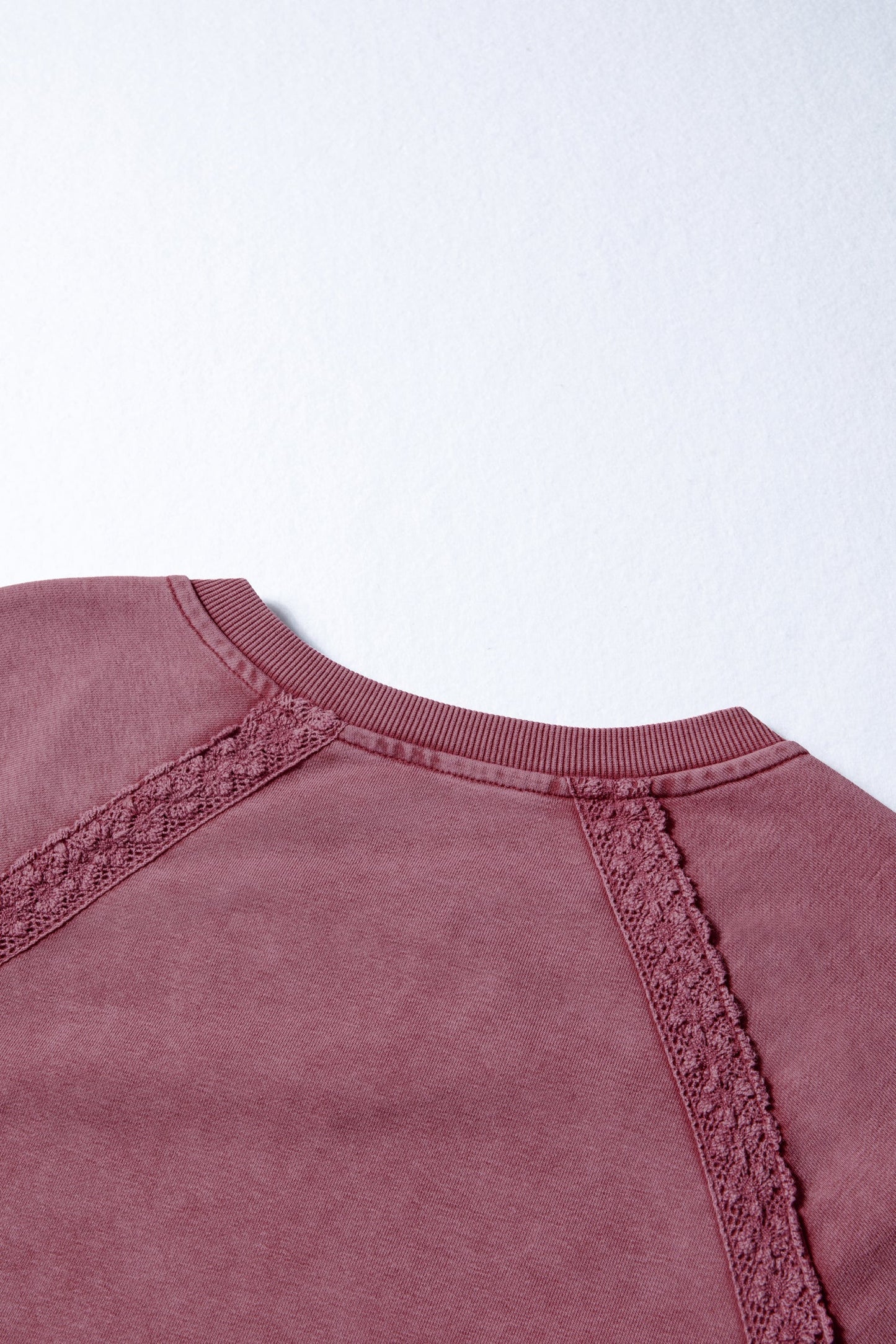 Red Dahlia Lace Patchwork Detail Notched Neck Mineral Wash Baggy Sweatshirt