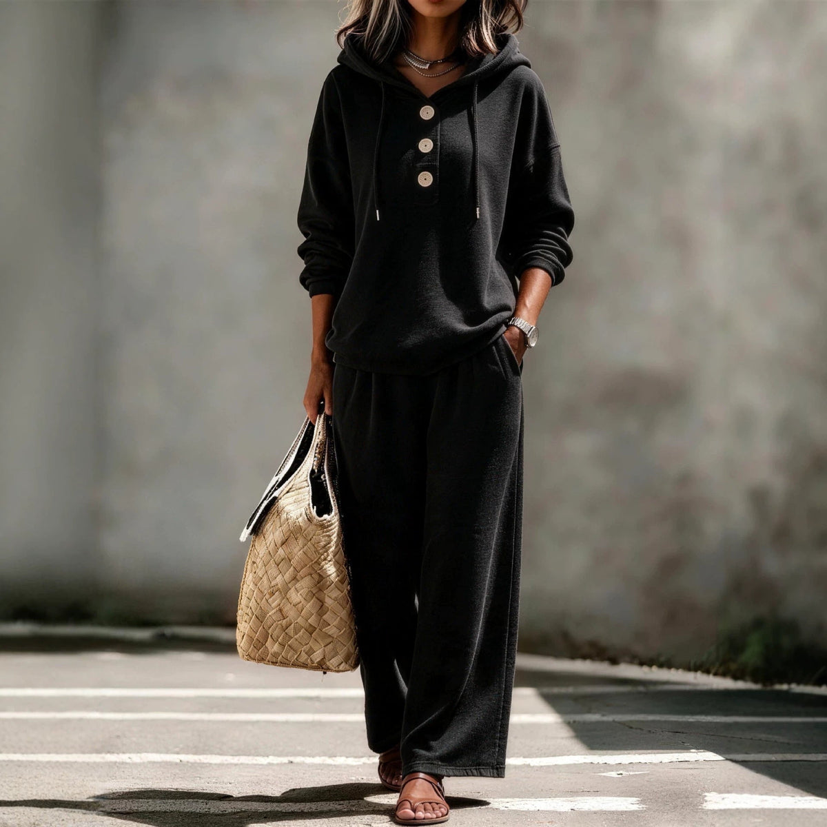 Women's Button-Neck Hoodie & Wide-Leg Pants Set