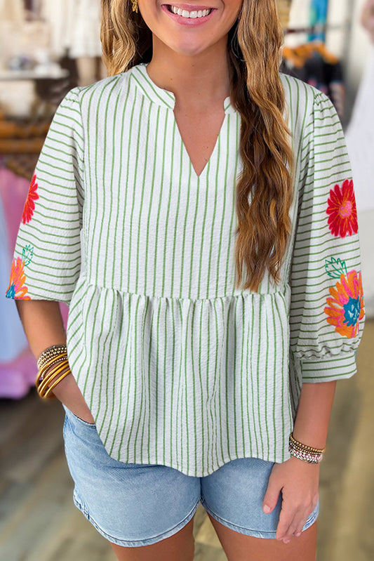 Blusa Babydoll Escote V con Muesca y Manga Abullonada con Rayas Verdes Florales