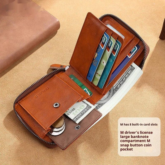 Men's Cowhide Wallet With Multiple Card Slots And A Zipper