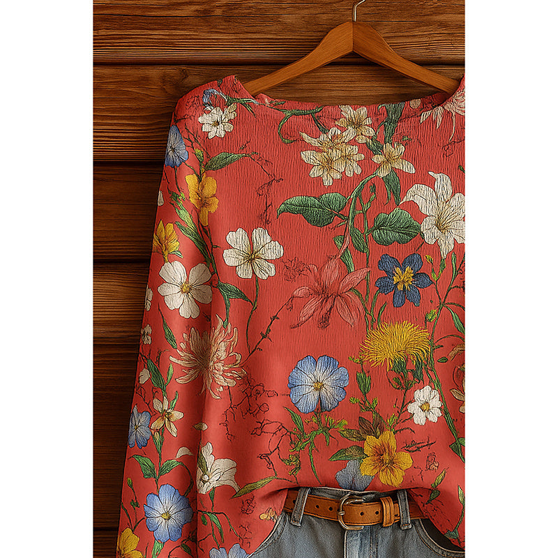 Camiseta de manga larga con estampado floral silvestre de otoño para mujer