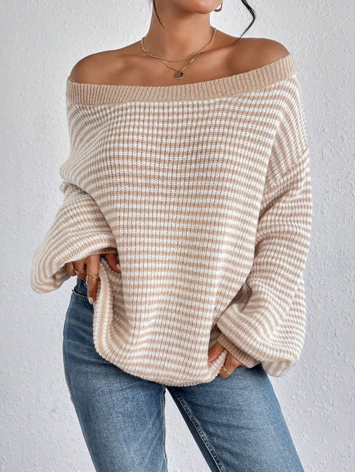 Off-The-Shoulder Knit Sweater With Loose Fit, Color-Blocked Stripes, Lantern Sleeves, Women's European And American Style Red Sweater, Autumn And Winter, High-End Feel