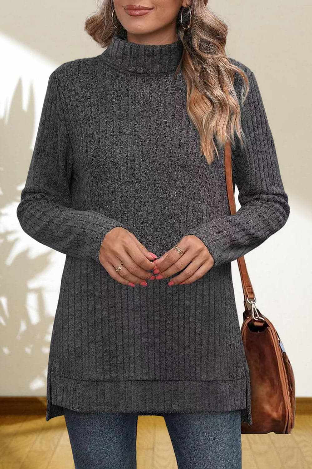 Sweater Pullovers Trendsi Chic high-low turtleneck top