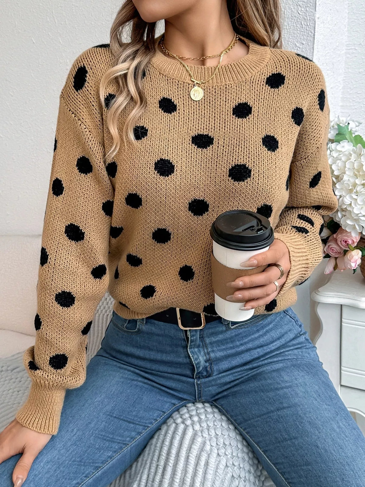 Polka Dot Round Neck Sweater