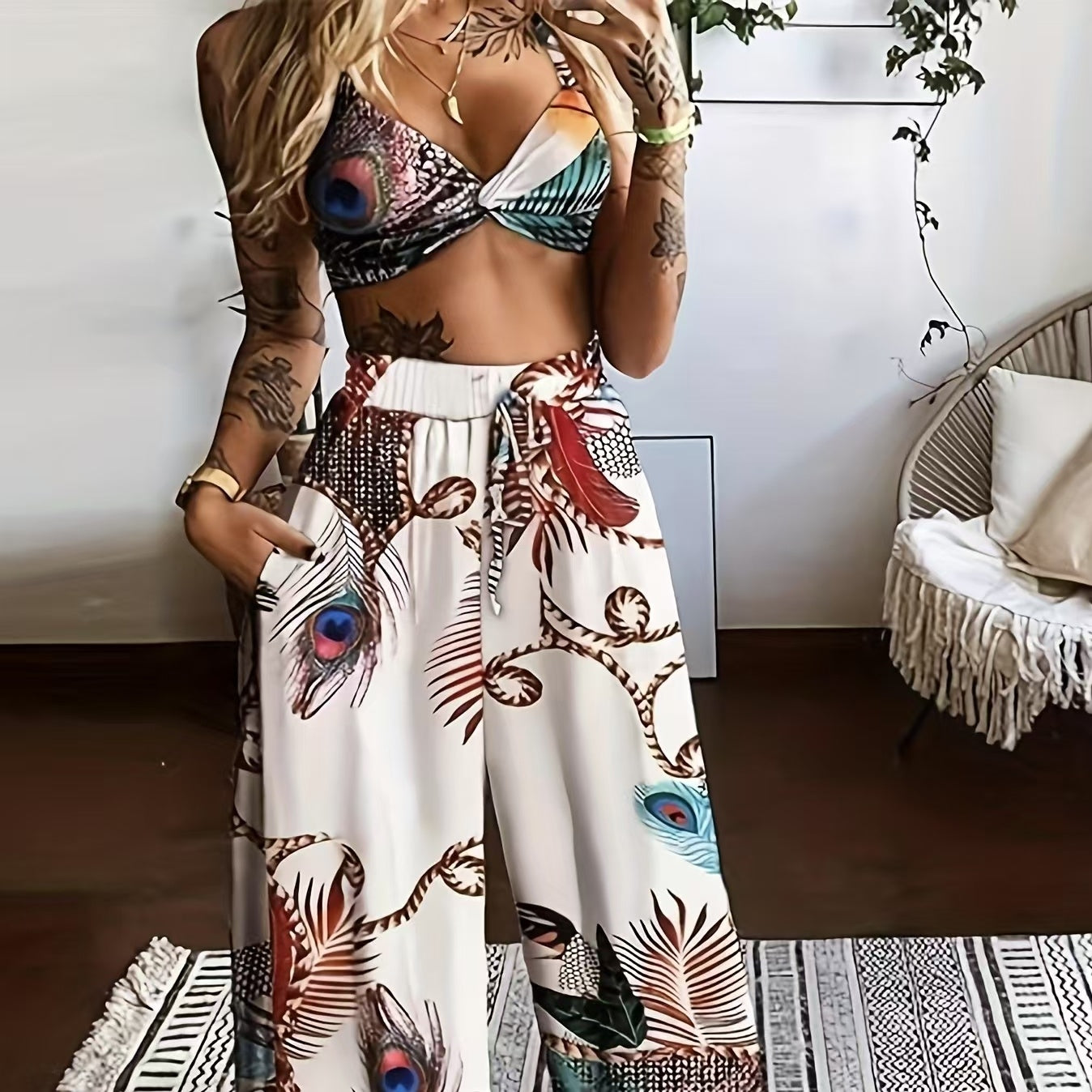 Conjunto de pantalón estampado de plumas para mujer