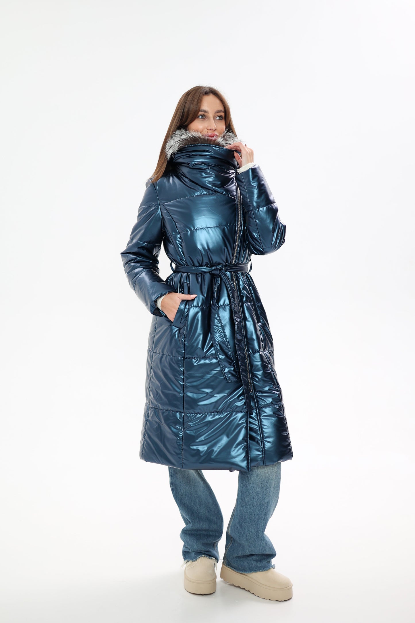 Abrigo de piel auténtica de zorro plateado con Comfortemp® de Freudenberg