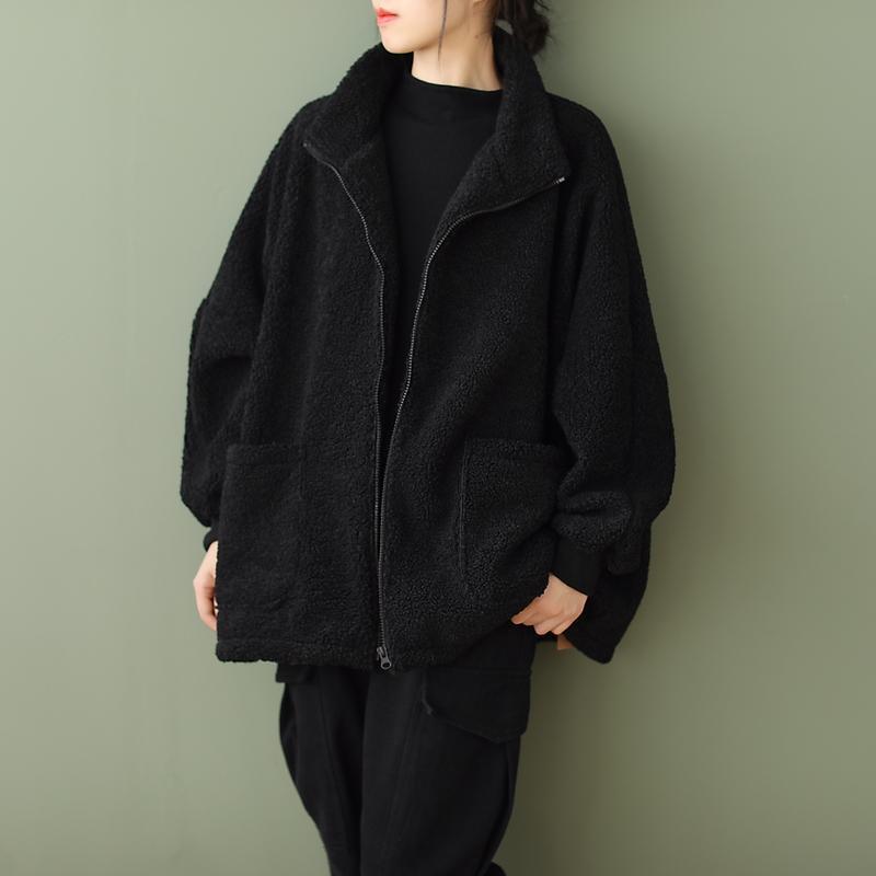 Plus-size Loose-fitting Long-sleeve Womens Casual Lambswool Coat