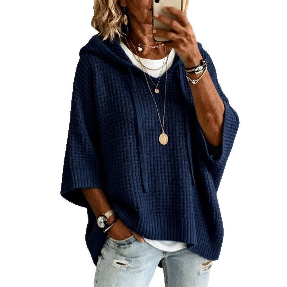 Womens Solid-color Casual Loose-fitting Hooded Sweater