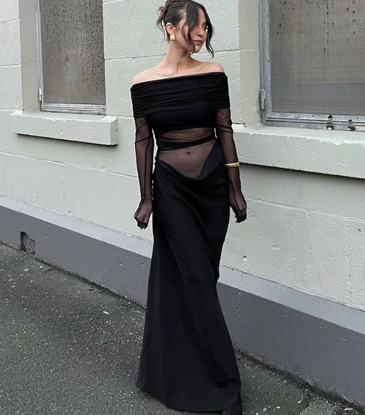 Off Shoulder Semi-Sheer Maxi Dress Long Sleeve Floor Length One-Step Dress Strapless Mesh Ruched Bodycon Dress Y2K