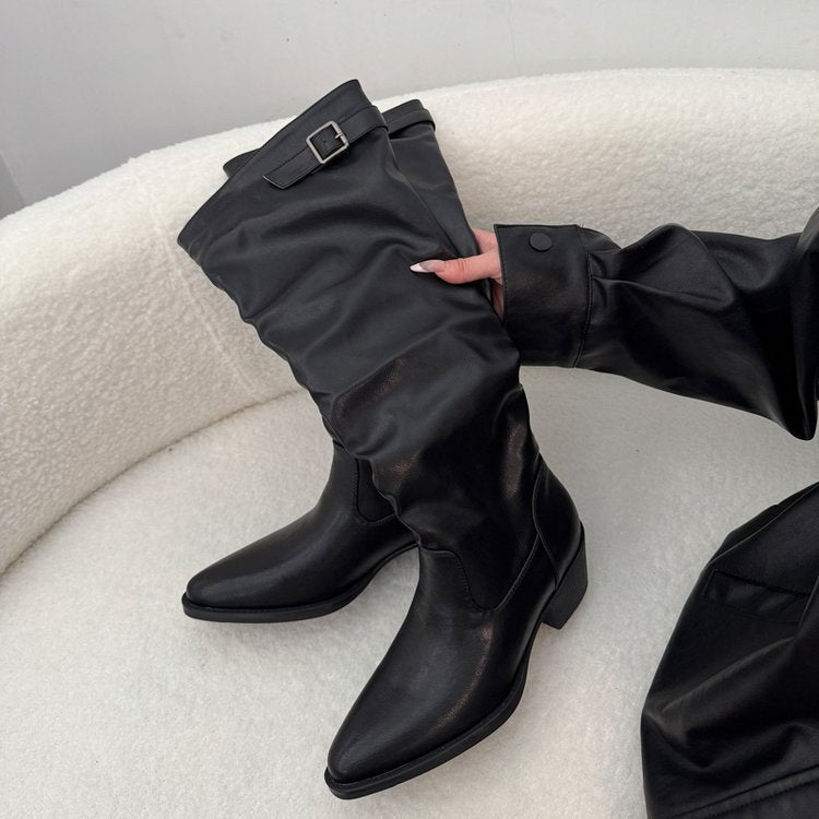 Sharp Pointed Long Tube Women's Boots Pile Up Boots, Black, Slim, Tall, Thick Heeled Knight Boots