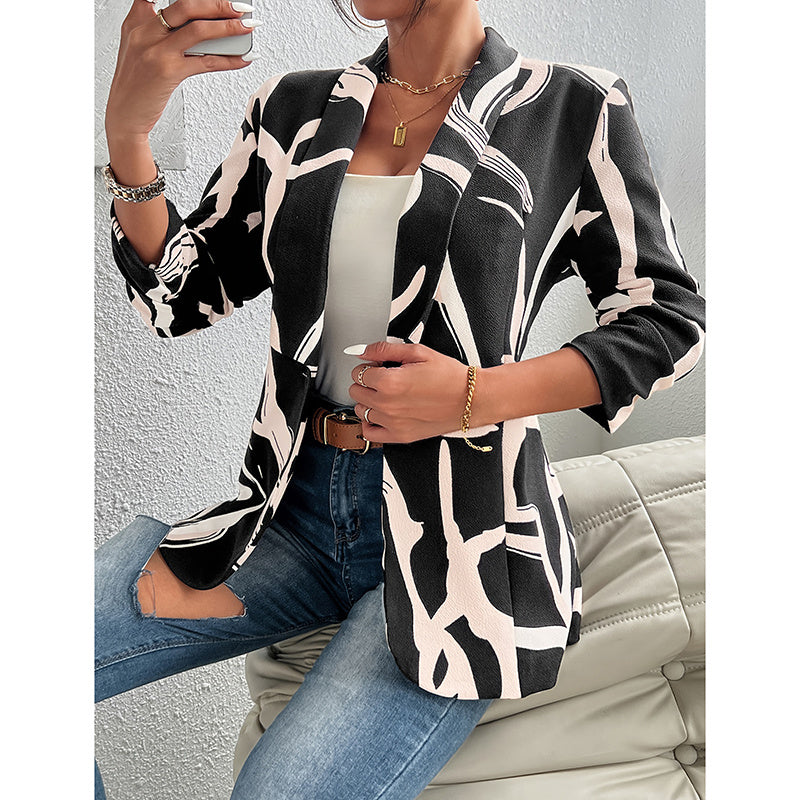 Chaqueta de trabajo para mujer con estampado abstracto, botones y manga larga