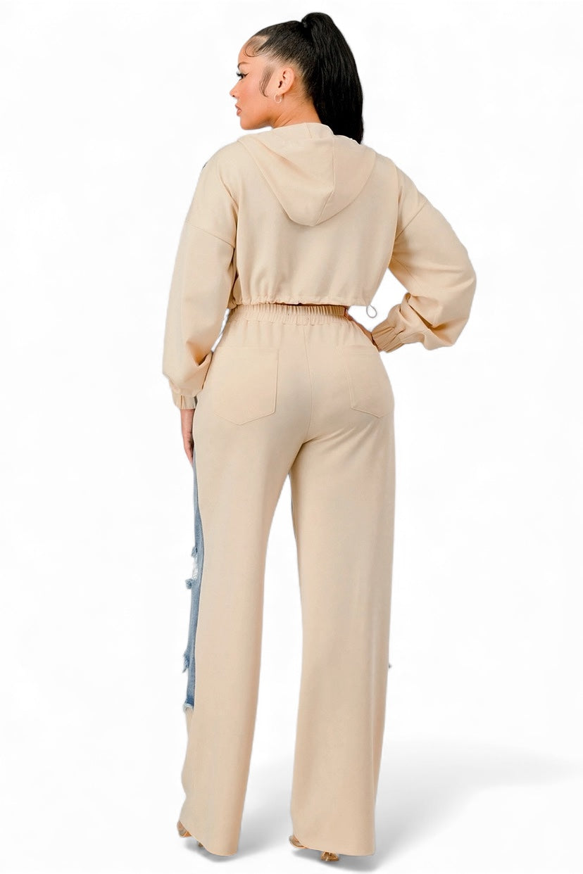 Conjunto de Sudadera con Capucha y Pantalones Anchos de Mezclilla con Retazos