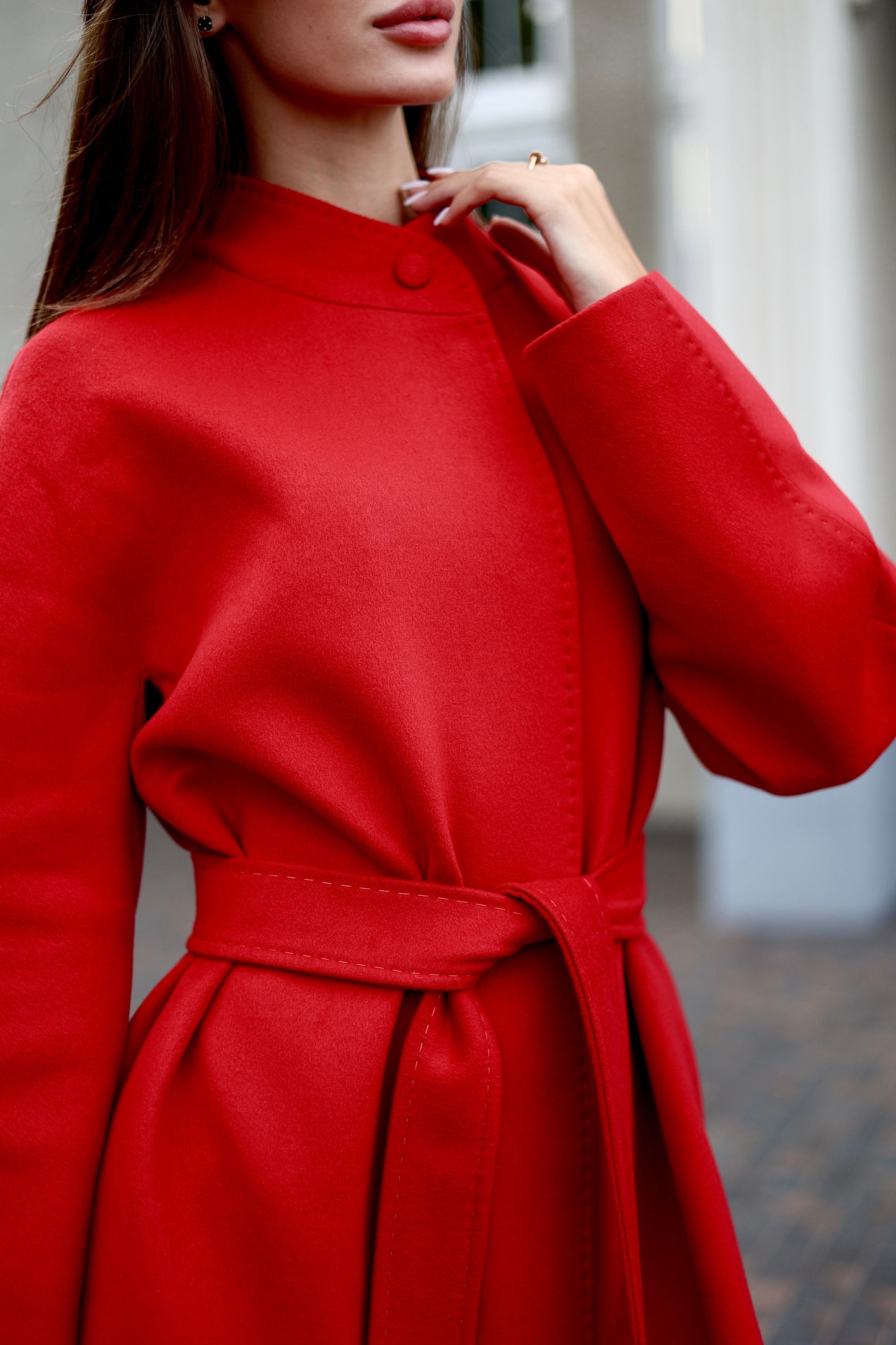 Abrigo de mezcla de lana con cuello mao en rojo otoño