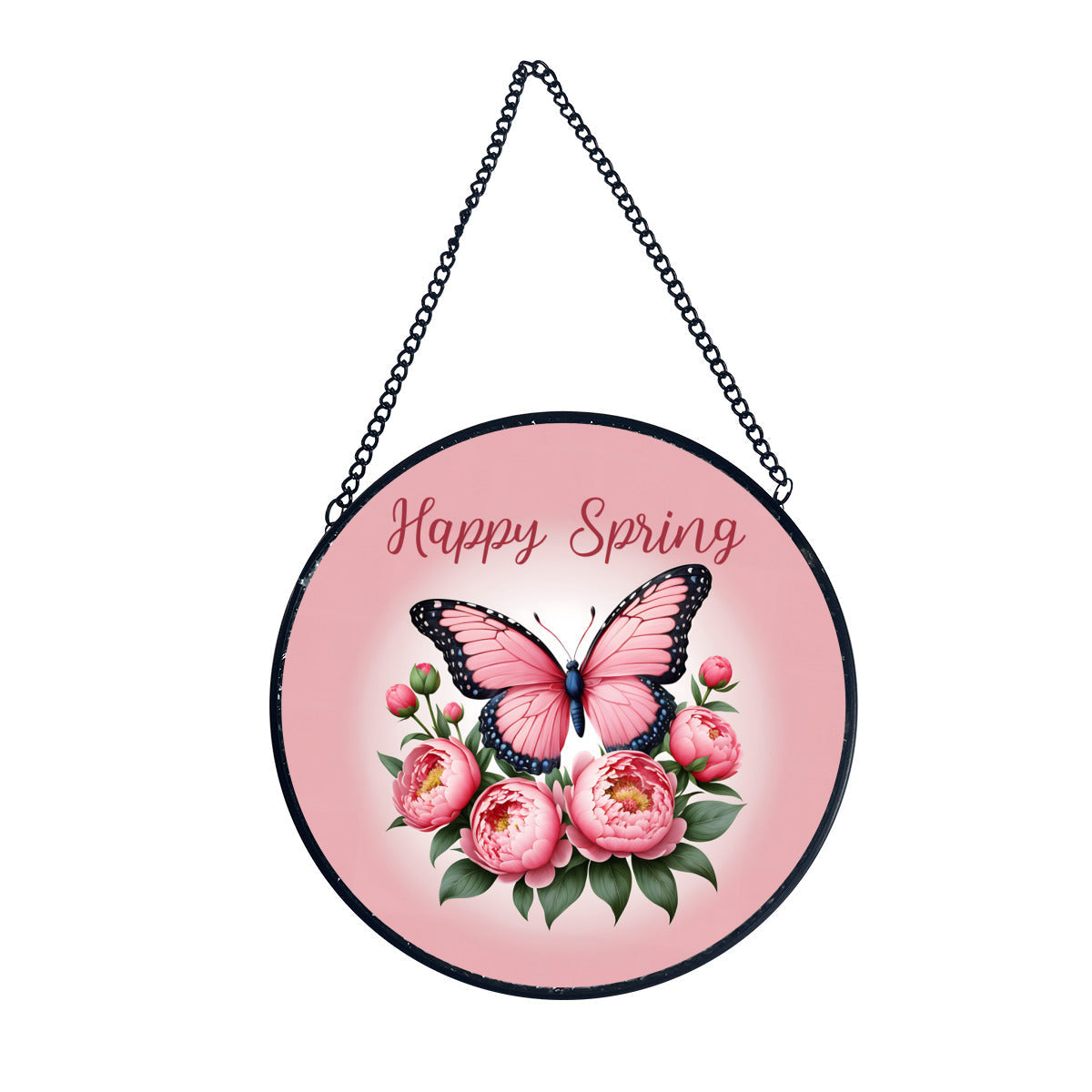Happy Spring Pink Butterfly Glass Suncatcher