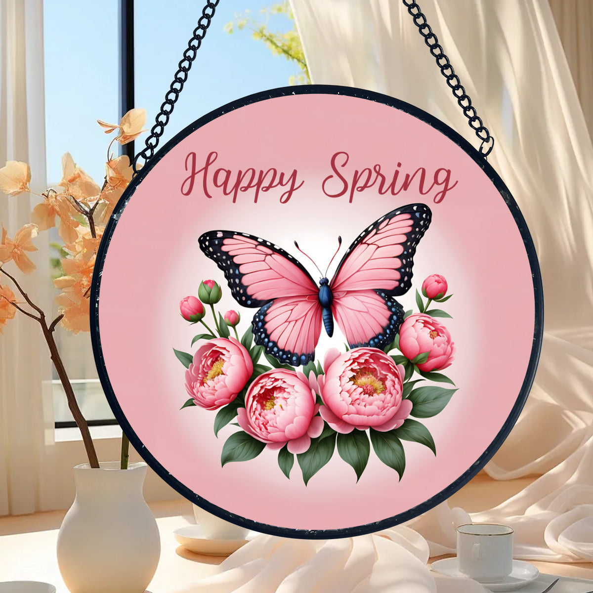 Happy Spring Pink Butterfly Glass Suncatcher